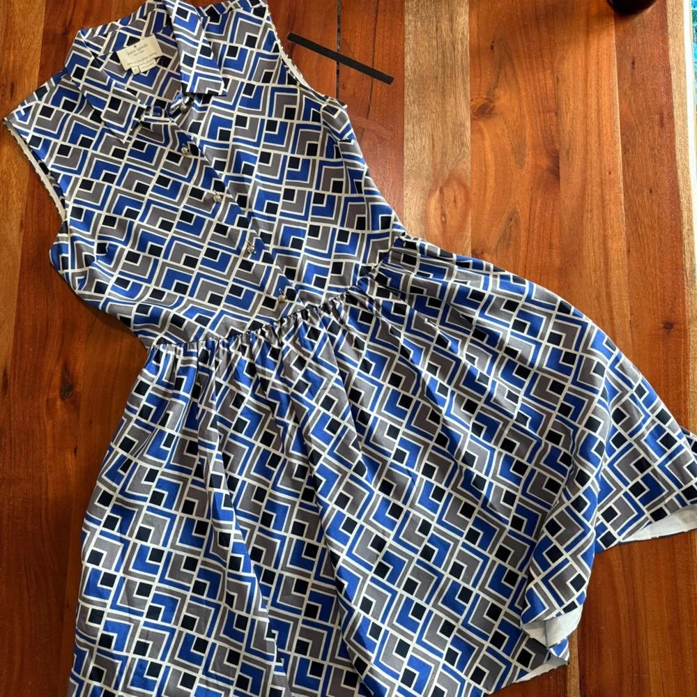 Kate Spade Lora Sleeveless Gray Blue Collared Silk Dress with Pockets